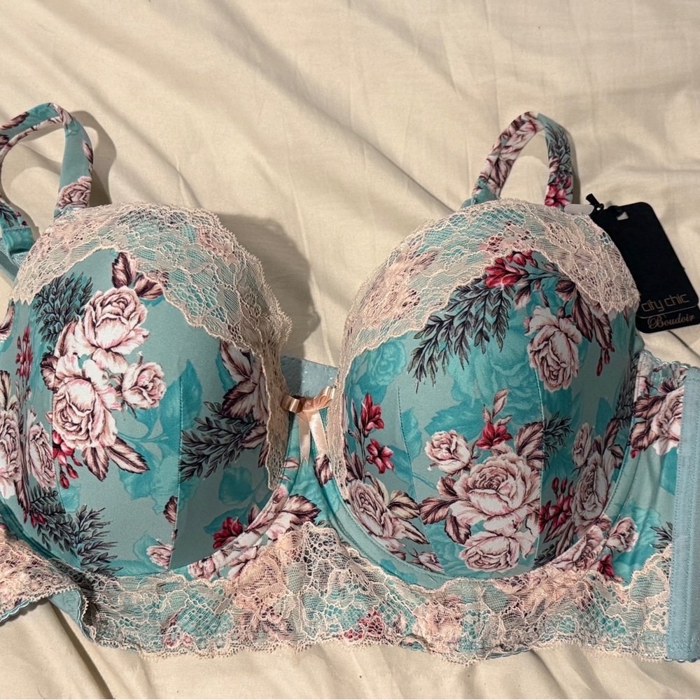 City Chic Teal and Pink Floral Lace Bra